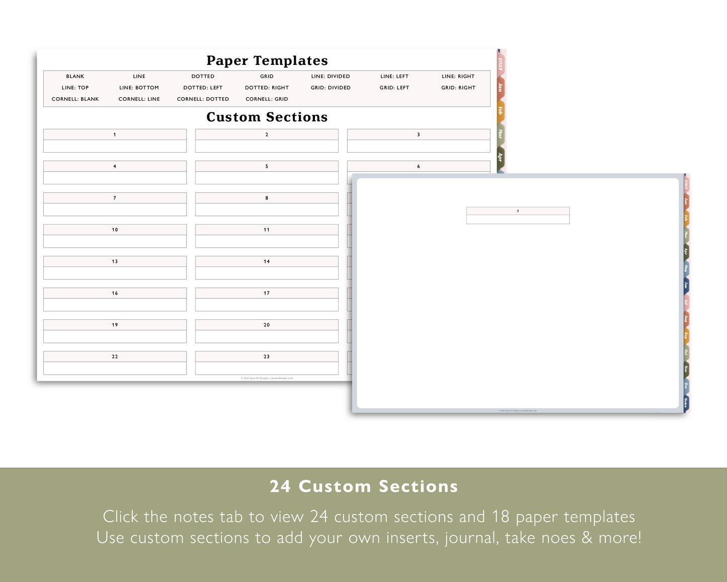 2023 Monthly + Weekly Digital Planner With 24 Custom Sections | Weekly Landscape Agenda