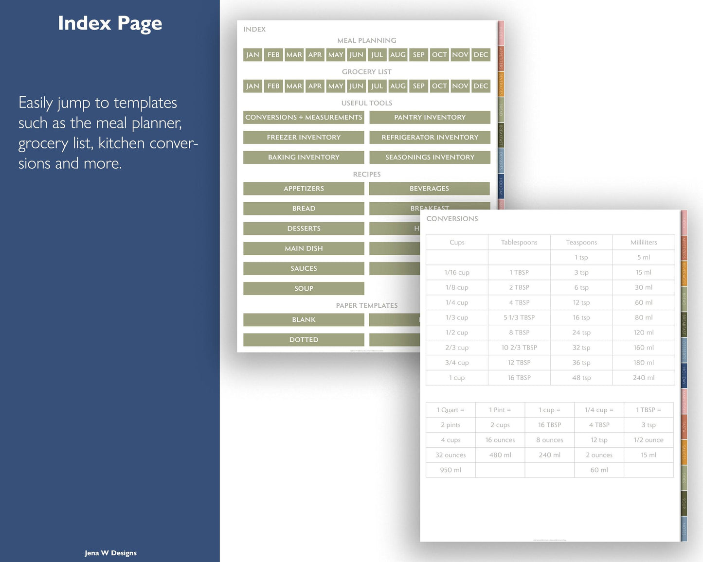 Digital Recipe Book with Meal Planner and Grocery List | Hyperlinked PDF Cookbook - Jena W Designs