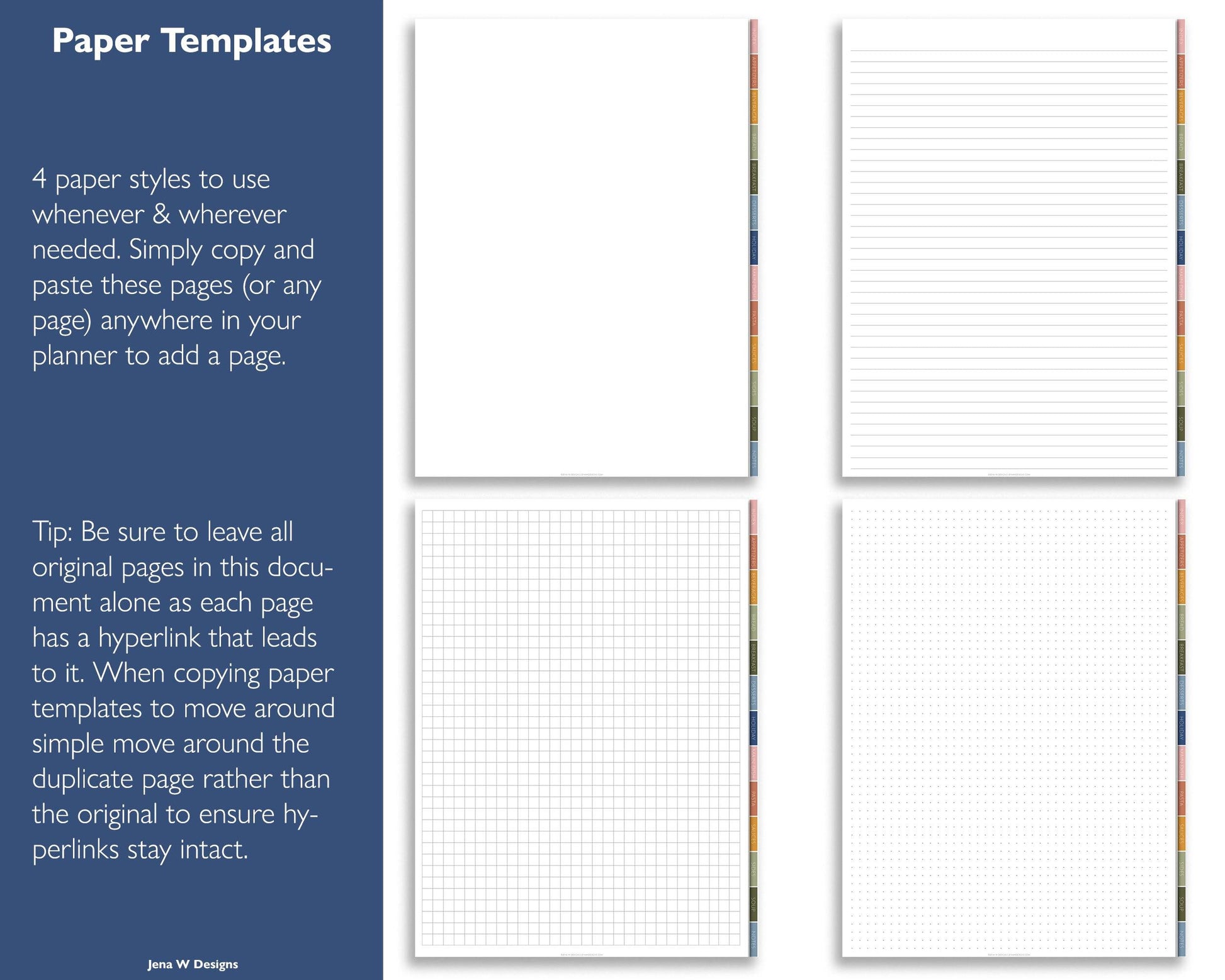 Digital Recipe Book with Meal Planner and Grocery List | Hyperlinked PDF Cookbook - Jena W Designs