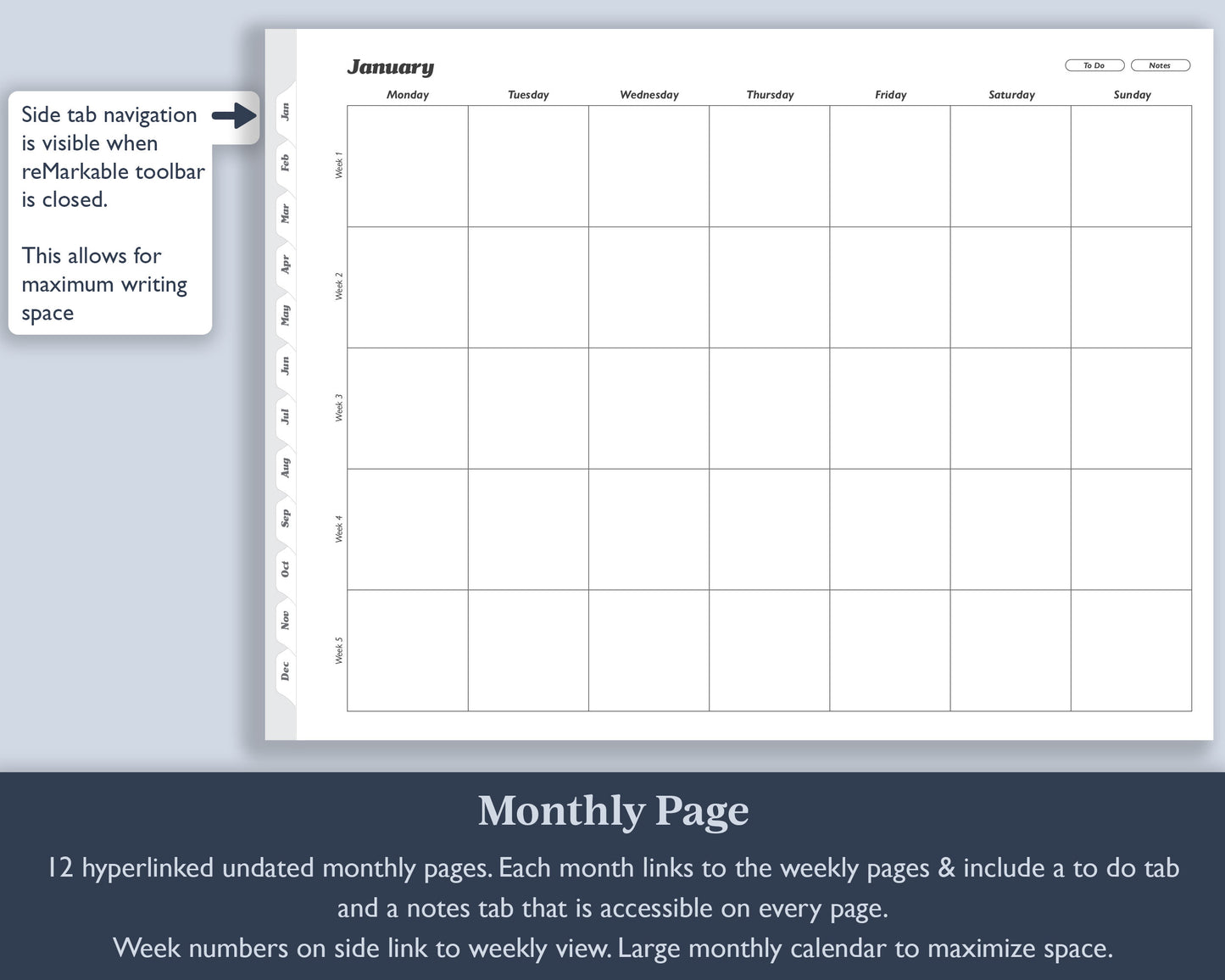 Undated Monthly Weekly Planner with To Do Lists | for e-ink Devices