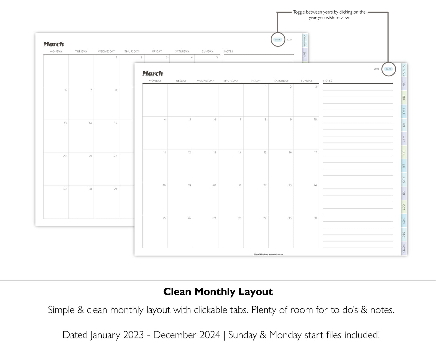 2023- 2024 Minimal Modern Monthly Planner | 2 Year Digital Planner Landscape