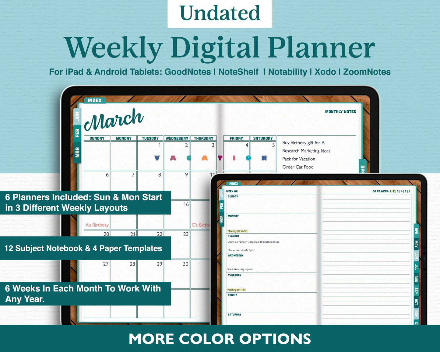 Undated Weekly Digital Planner with Flip Tabs - Jena W Designs