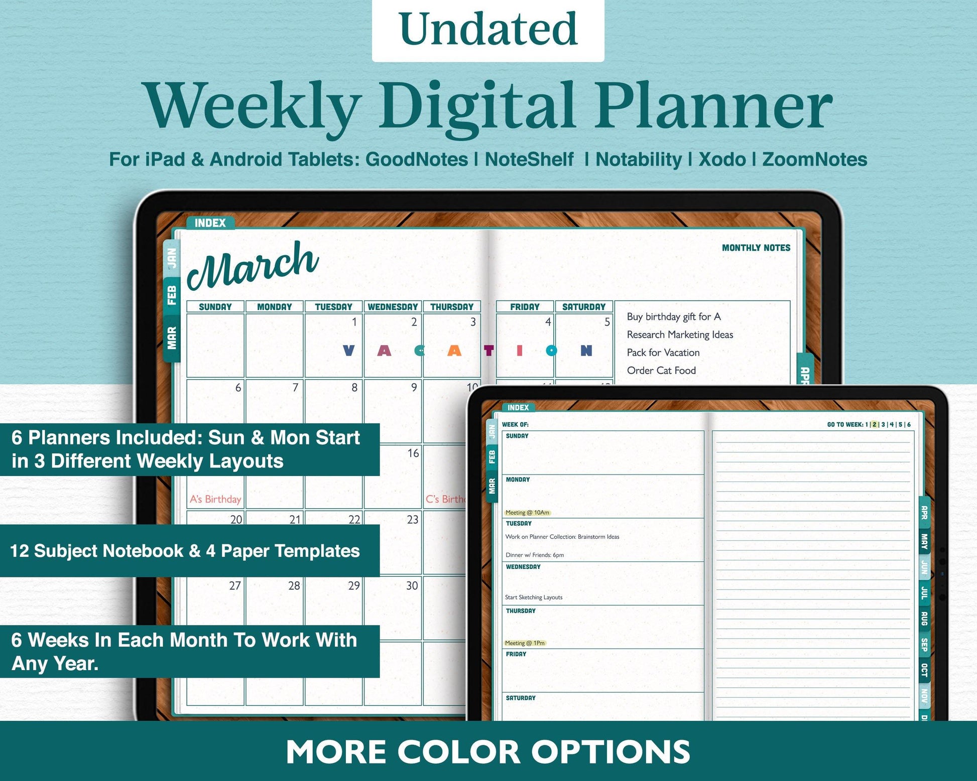 Undated Weekly Digital Planner with Flip Tabs - Jena W Designs