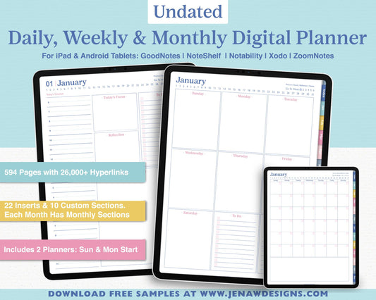 Undated Daily Planner with Colored Tabs - Jena W Designs