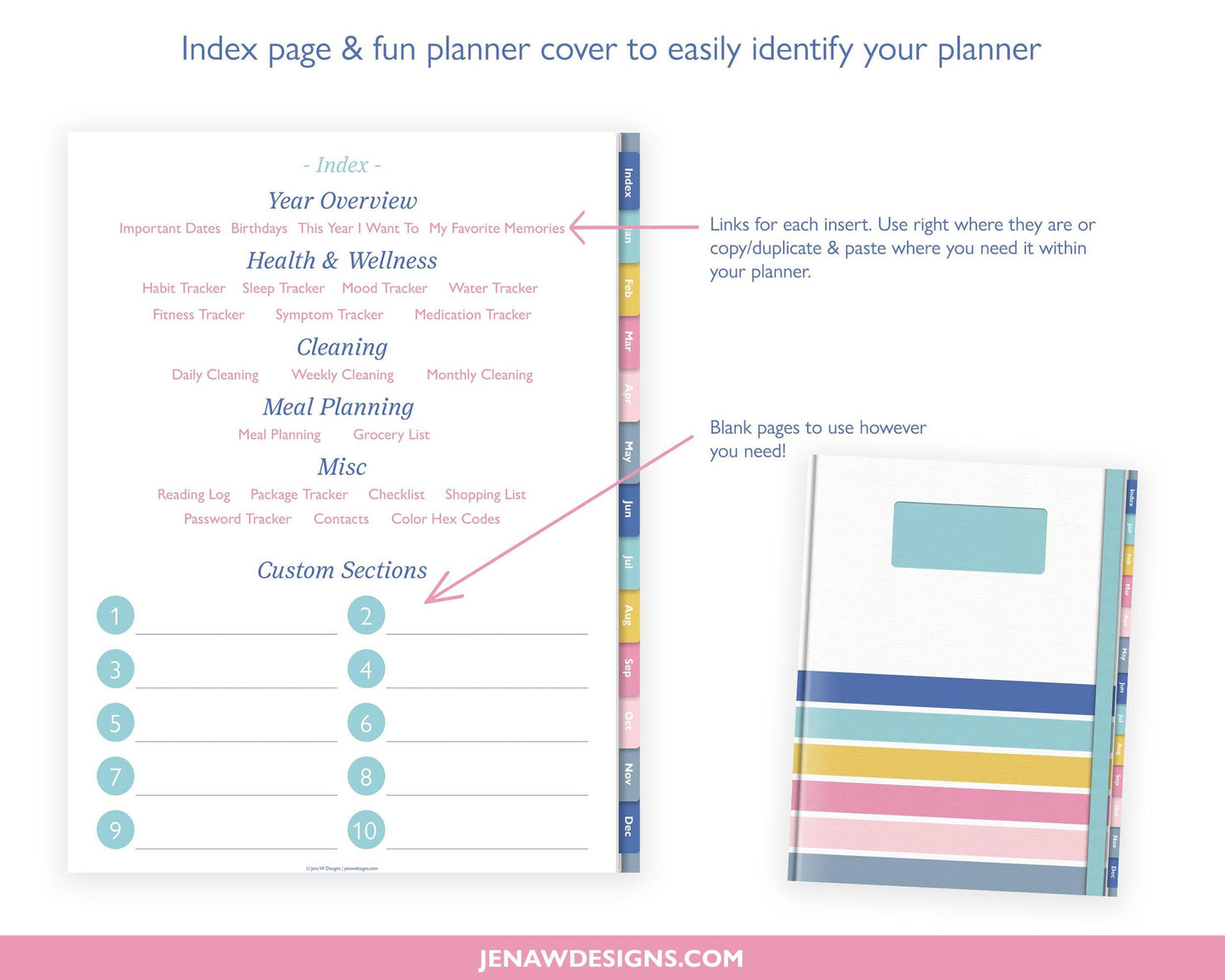 Undated Daily Planner with Colored Tabs - Jena W Designs