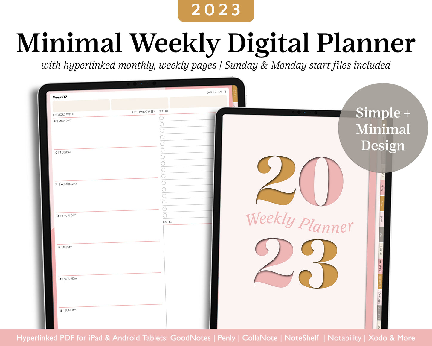 2023 Minimal Modern Weekly Planner | Simple Digital Planner | Vertical