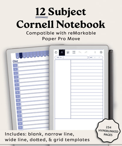 12 Subject Cornell Notebook | for reMarkable Paper Pro Move
