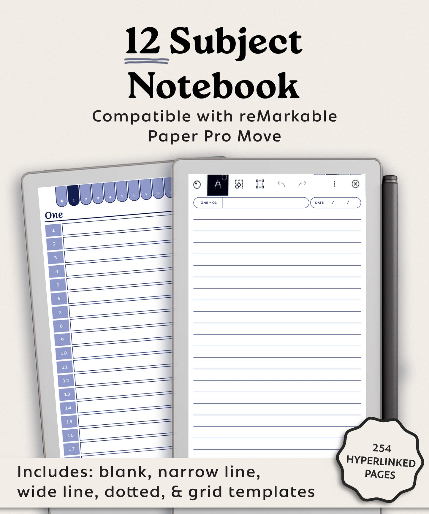 12 Subject Notebook | for reMarkable Paper Pro Move