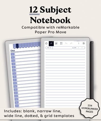 12 Subject Notebook | for reMarkable Paper Pro Move