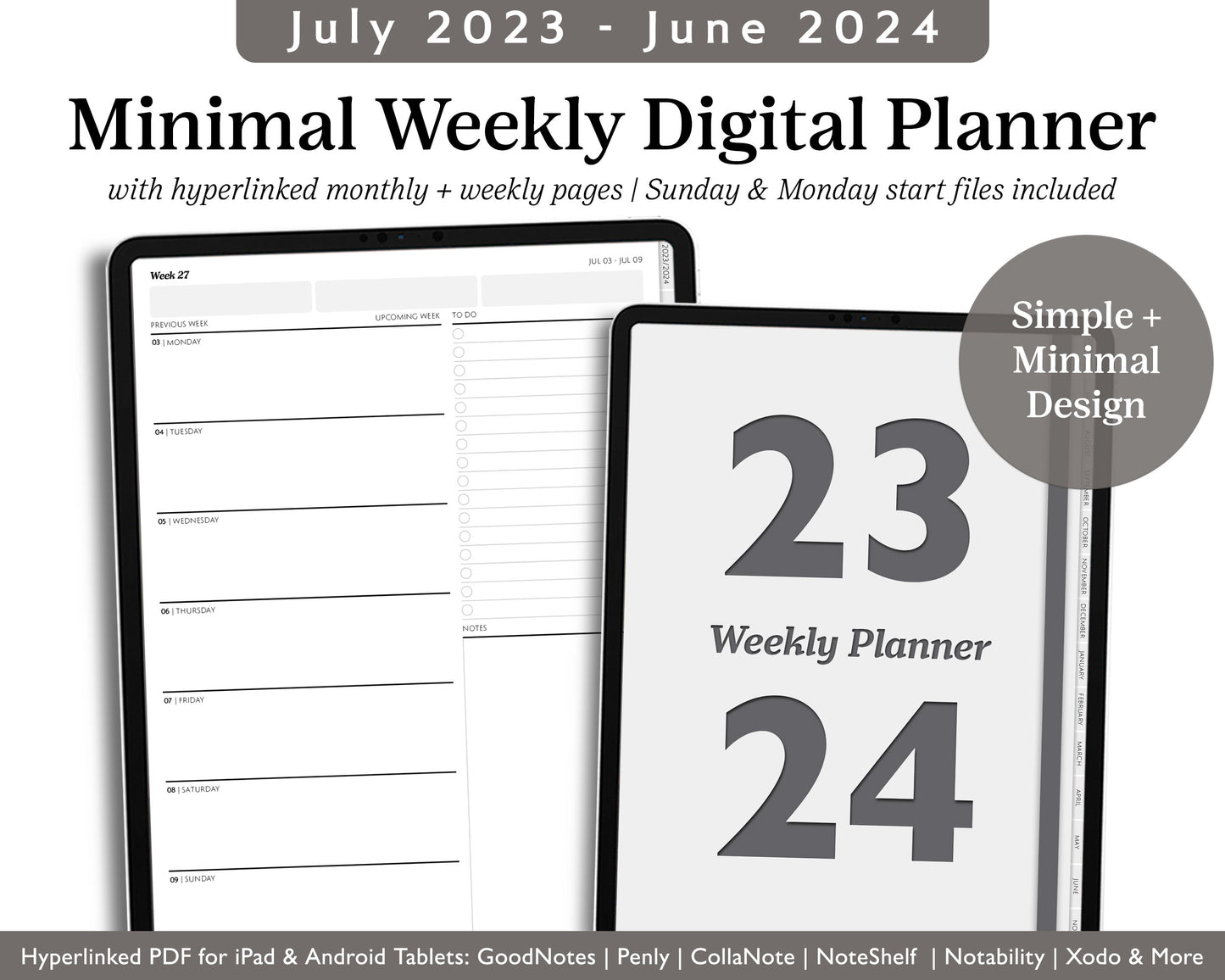 2023 2024 Mid Year Weekly Digital Planner | Simple Minimal