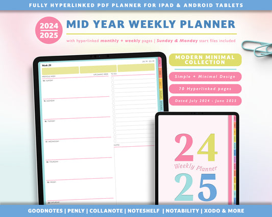 2024 2025 Mid Year Weekly Planner | Simple Minimal