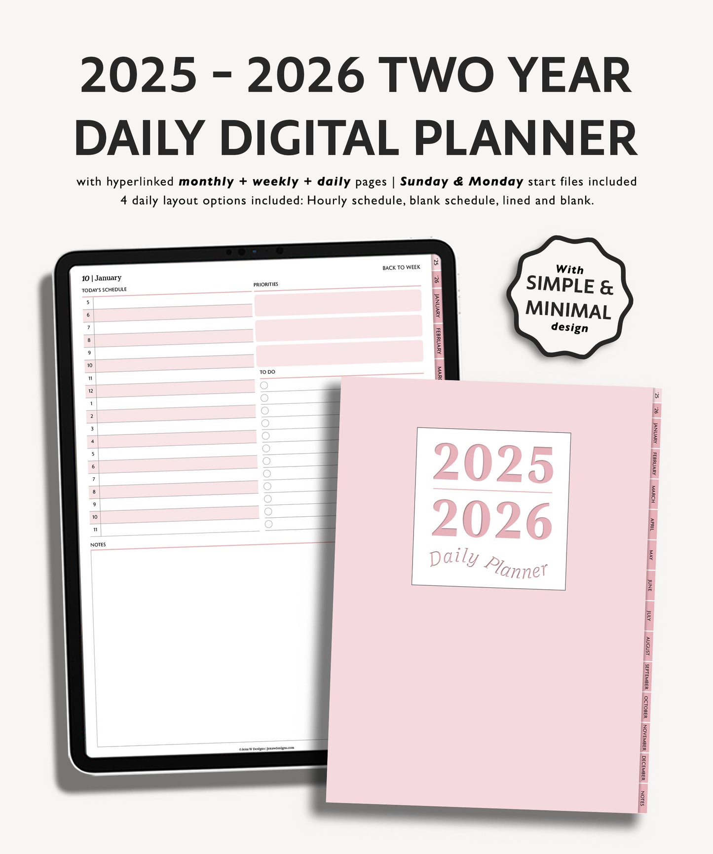 2025 2026 Two Year Daily Planner | Minimal Modern Simple Agenda