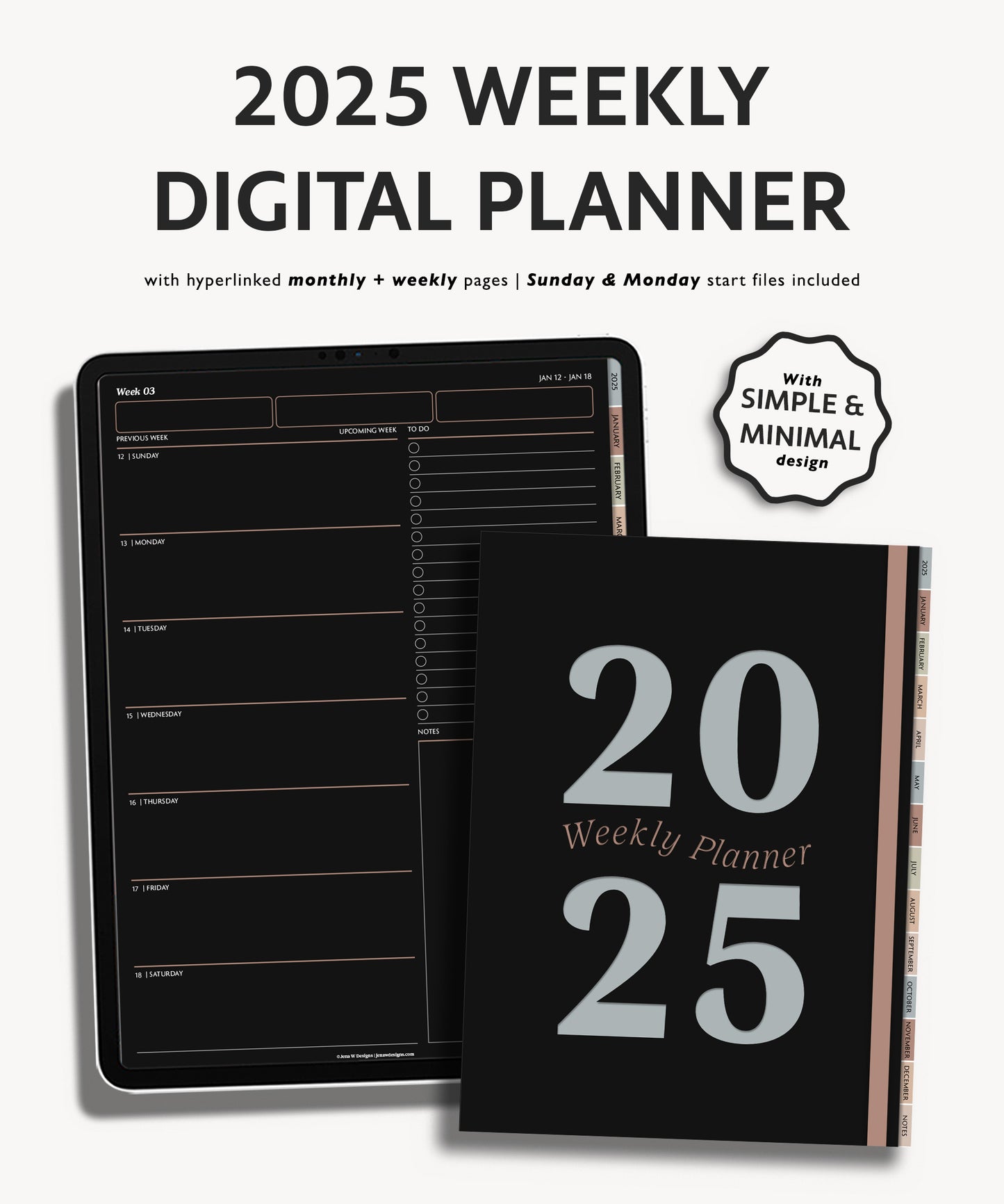 2025 Weekly Planner Dark Mode | Minimal Modern Simple Agenda