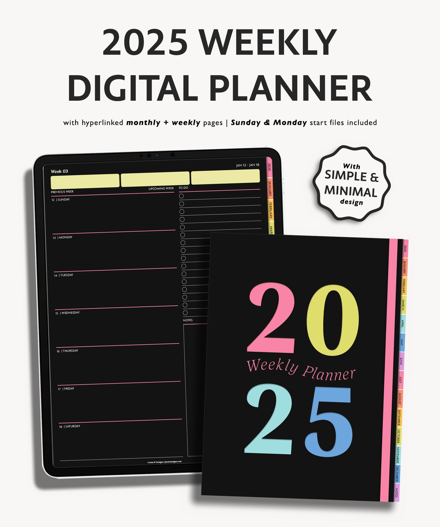 2025 Weekly Planner Dark Mode | Minimal Modern Simple Agenda