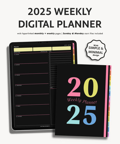 2025 Weekly Planner Dark Mode | Minimal Modern Simple Agenda