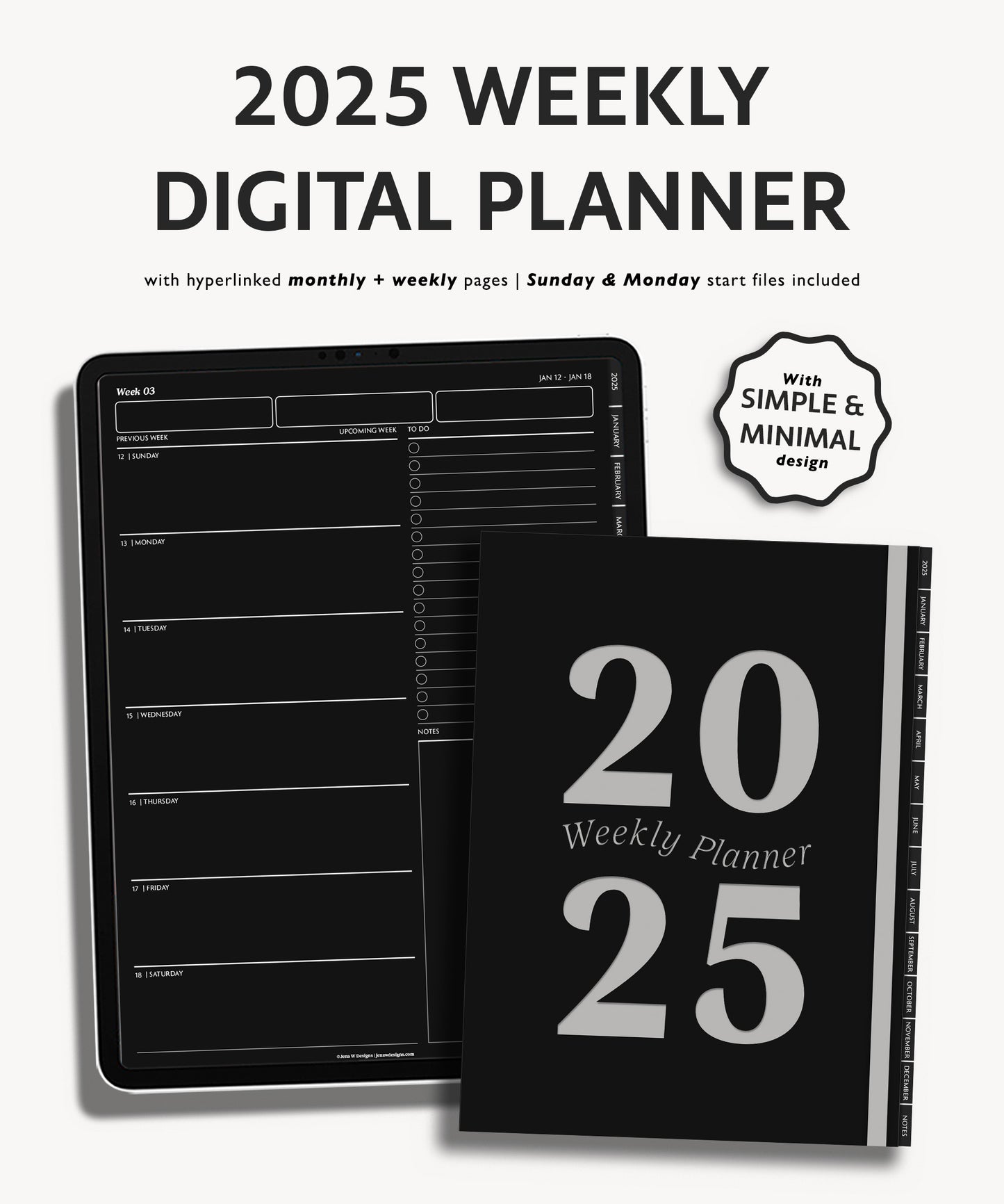 2025 Weekly Planner Dark Mode | Minimal Modern Simple Agenda