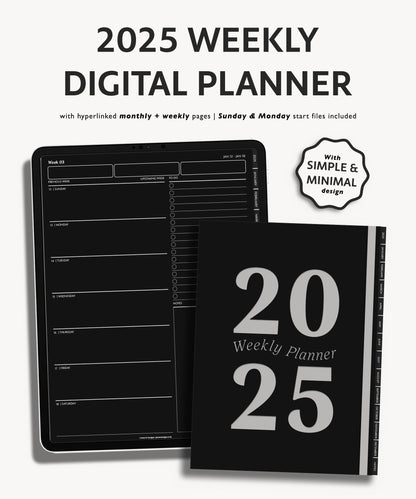 2025 Weekly Planner Dark Mode | Minimal Modern Simple Agenda