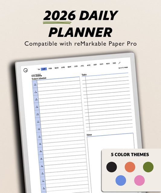  Minimalist 2026 Daily Digital Planner for reMarkable Paper Pro with hyperlinked months, weeks & days. 5 colors, 4 layouts, Sunday/Monday start.