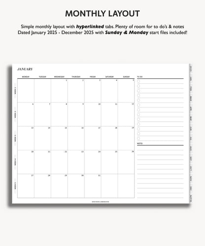 2025 Simple Monthly Weekly Digital Planner | Modern Minimal