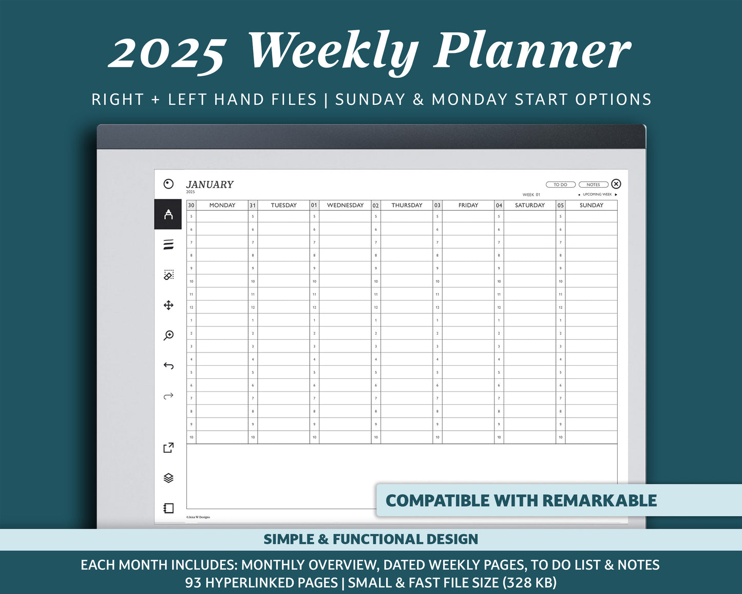 2025 Hourly Weekly Planner | Landscape Planner for reMarkable