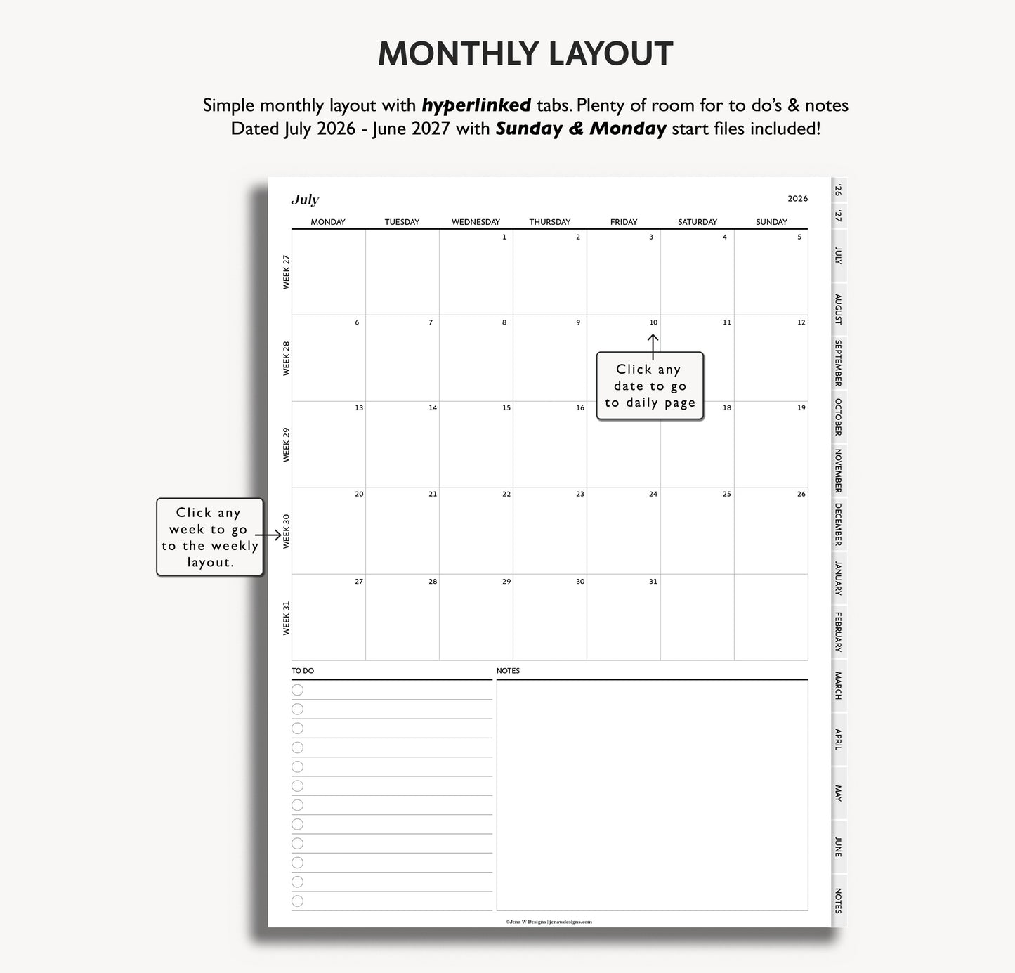 2026 2027 Mid Year Weekly Planner | Minimal Modern Simple Agenda