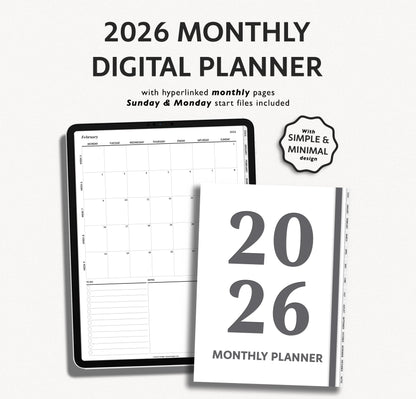 2026 Dated Monthly Digital Planner – Minimalist Planner for iPad & Android Tablets
