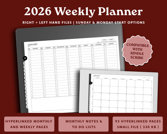 2026 Hourly Weekly Digital Planner | Landscape Planner for Kindle Scribe