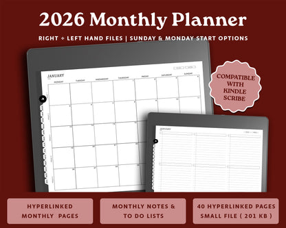 2026 Digital Planner for Kindle Scribe | Landscape Monthly Agenda