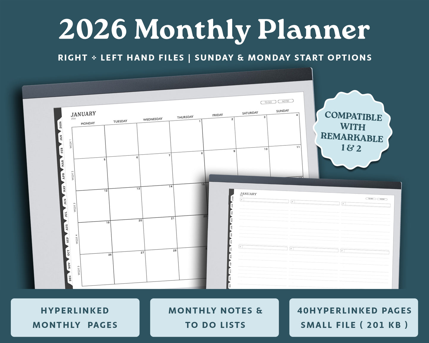 2026 Monthly Planner with To Do Lists | Landscape Planner for reMarkable 2