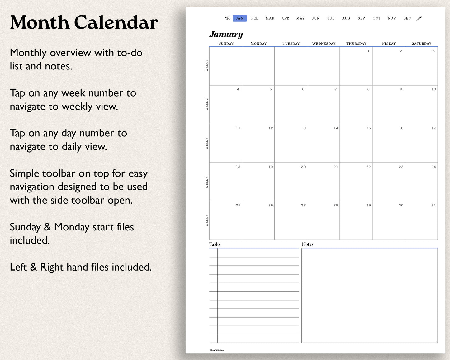 Calendar with monthly overview, to-do list, and notes for reMarkable paper pro