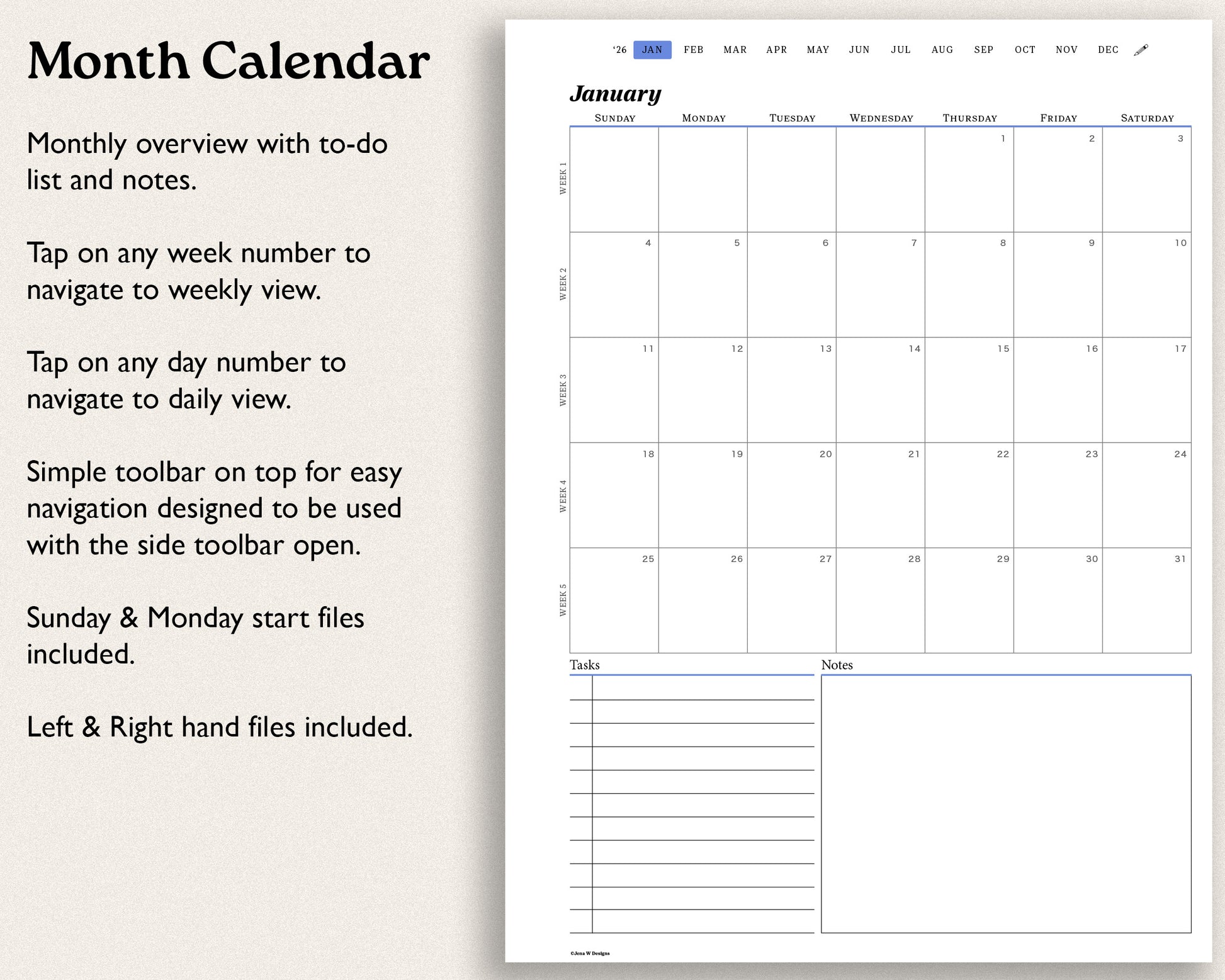 Calendar with monthly overview, to-do list, and notes for reMarkable paper pro
