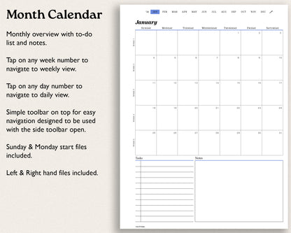 Calendar with monthly overview, to-do list, and notes for reMarkable paper pro