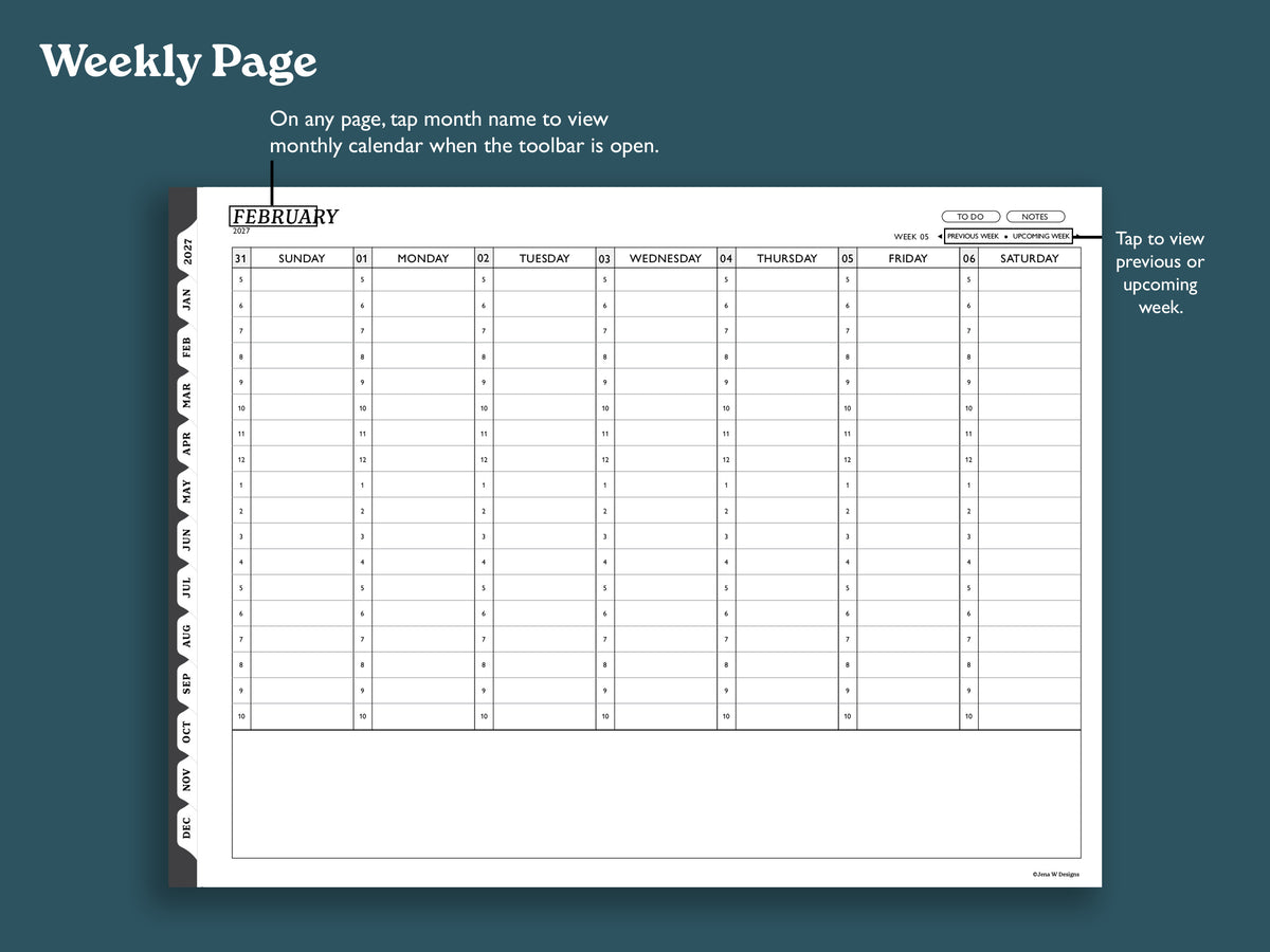 2027 Hourly Weekly Planner | Landscape Planner for reMarkable 2, Paper Pure, Paper Pro