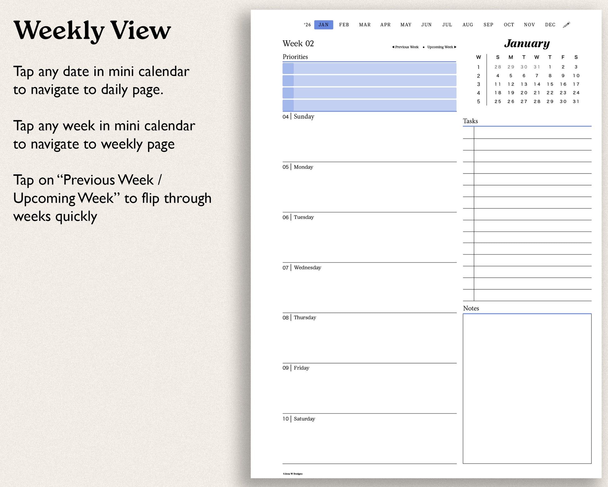 Weekly view calendar with hyperlink navigation for reMarkable paper pro
