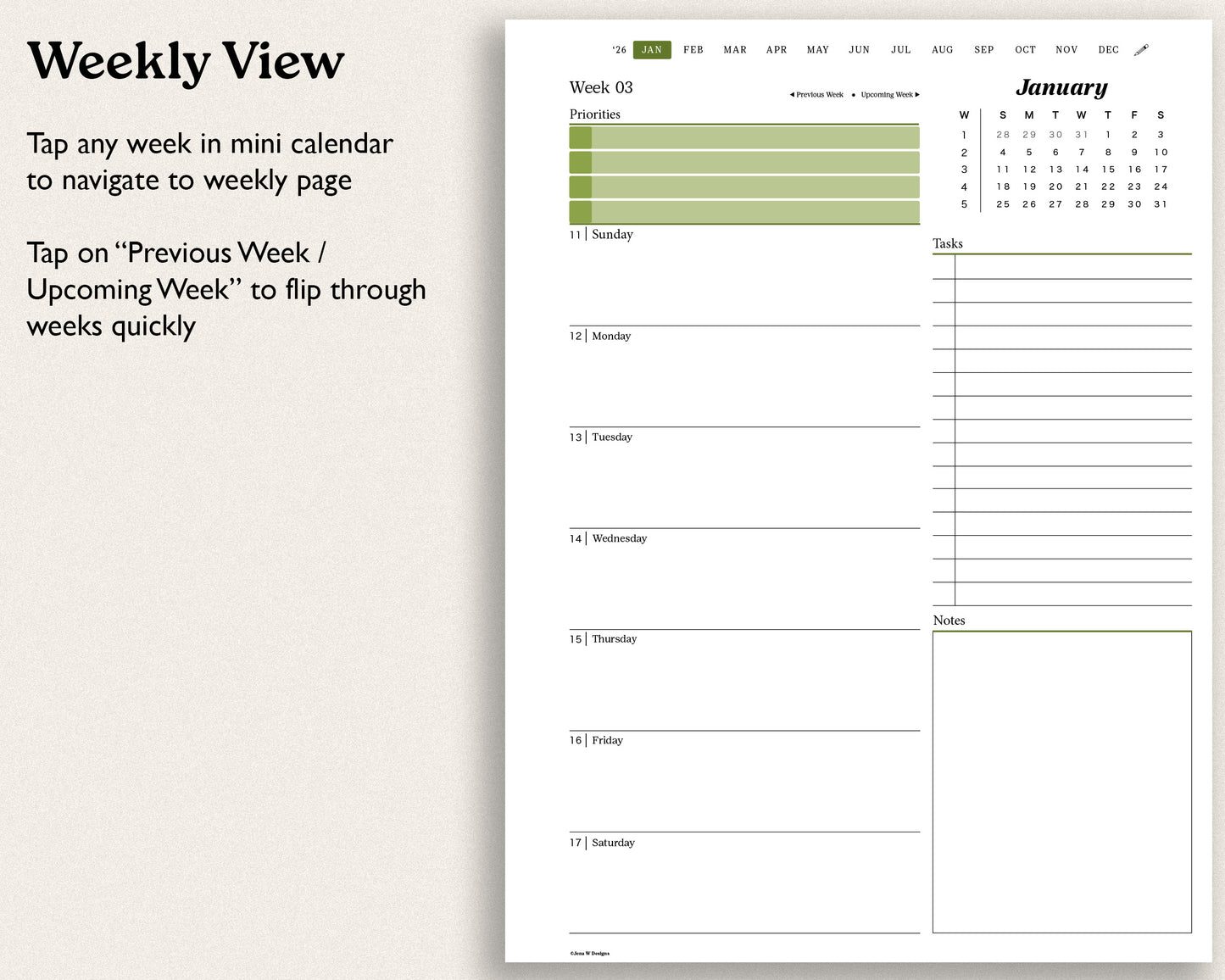 weekly view calendar with tasks and notes. 