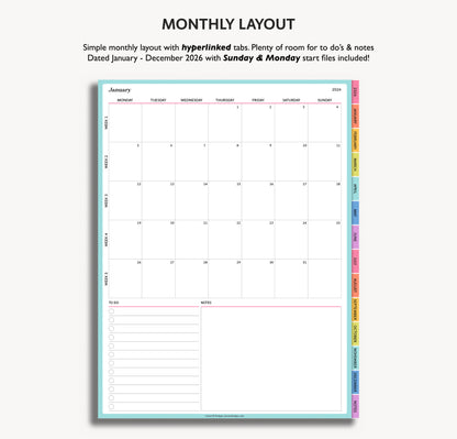 Monthly layout calendar with hyperlinked tabs for January to December 2026 on a white background.