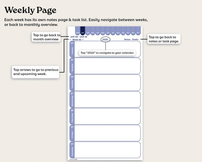 2026 Dated Weekly Digital Planner for reMarkable Paper Pro Move | Minimalist Hyperlinked Planner