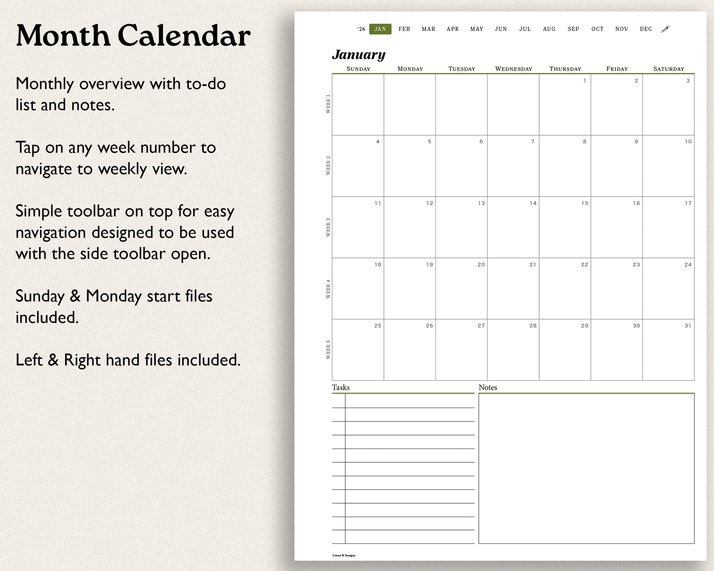 monthly calendar with hyperlinks. includes tasks and notes section for remarkable paper pro