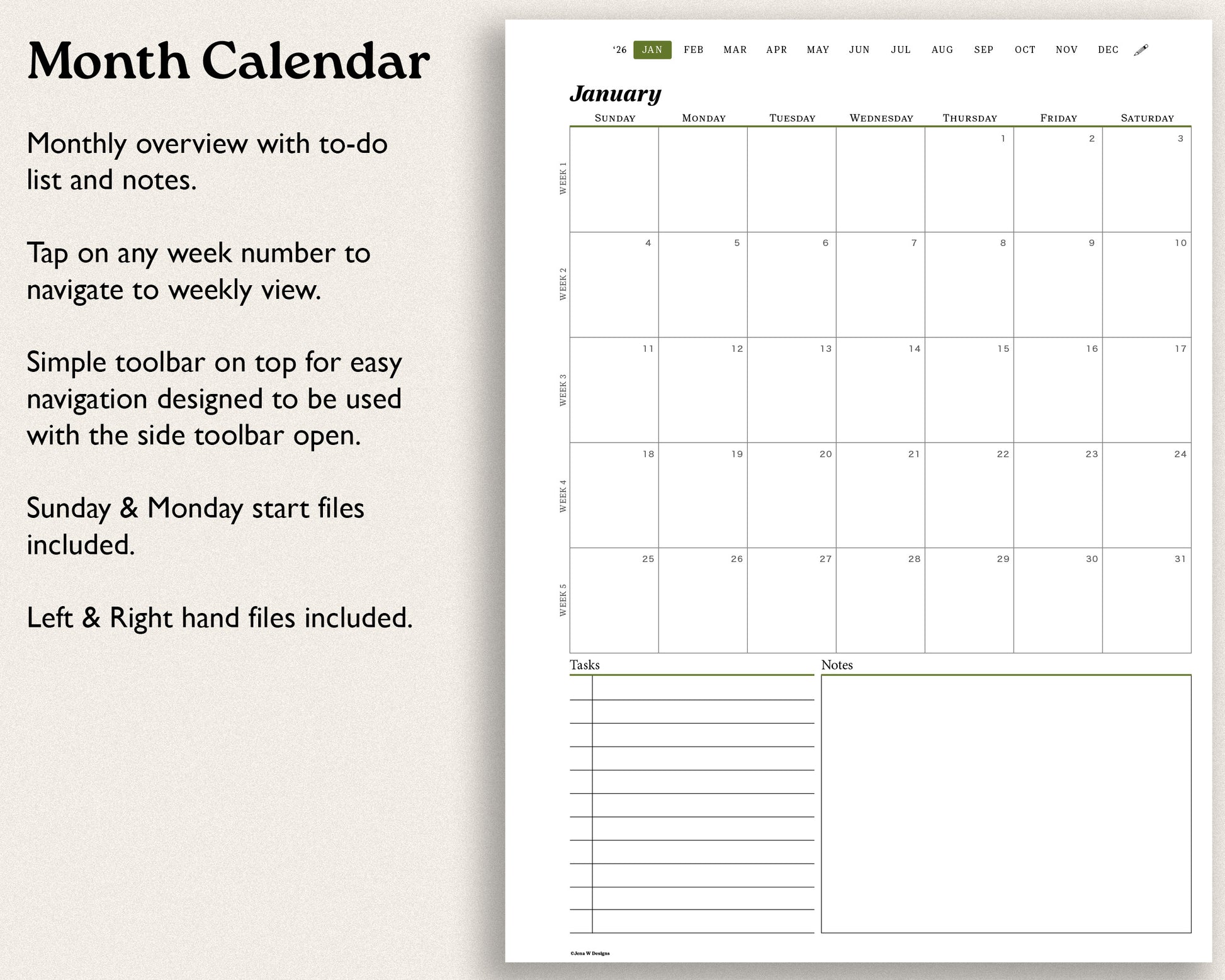 monthly calendar with hyperlinks. includes tasks and notes section for remarkable paper pro