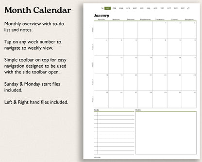 monthly calendar with hyperlinks. includes tasks and notes section for remarkable paper pro