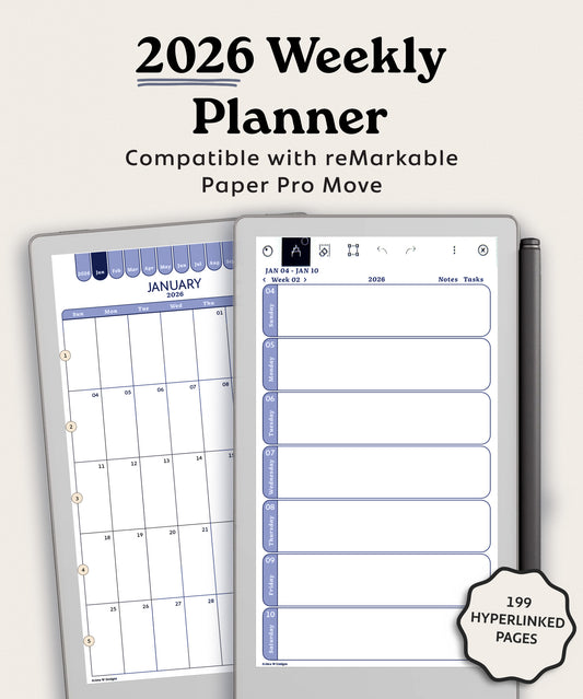 2026 Dated Weekly Digital Planner for reMarkable Paper Pro Move | Minimalist Hyperlinked Planner