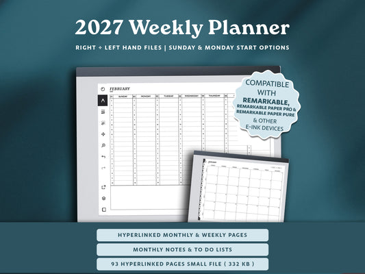 2027 Hourly Weekly Planner | Landscape Planner for reMarkable 2, Paper Pure, Paper Pro
