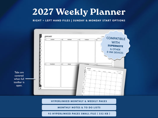 2027 Digital Planner for Supernote: Landscape Monthly Weekly Agenda