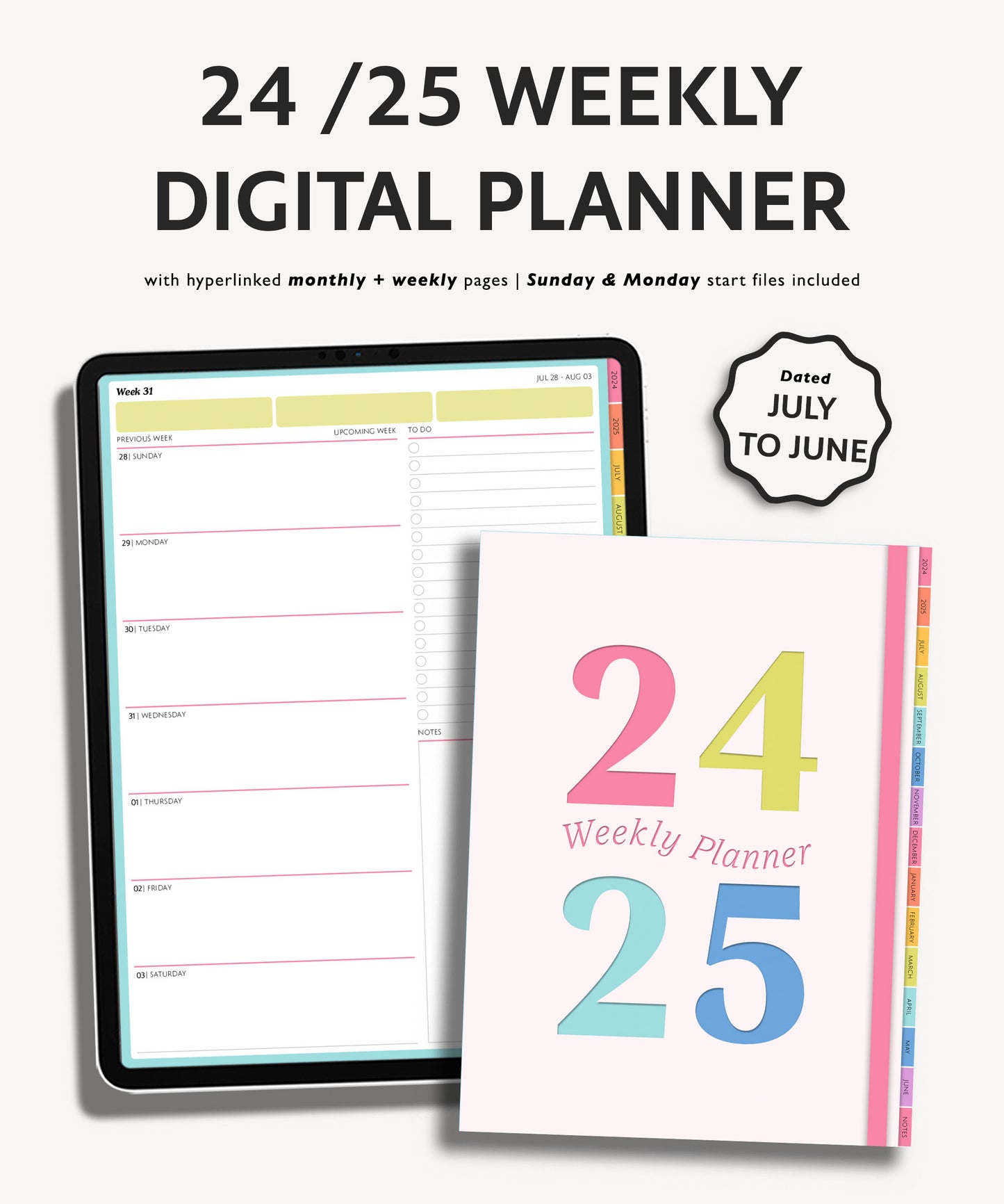 2024 2025 Mid Year Weekly Planner | Simple Minimal
