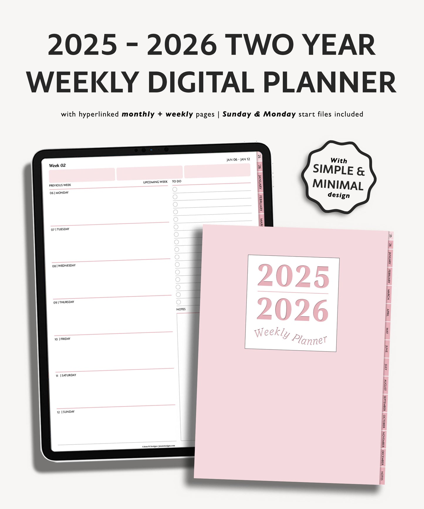 2025 2026 Two Year Weekly Planner | Minimal Modern Simple Agenda