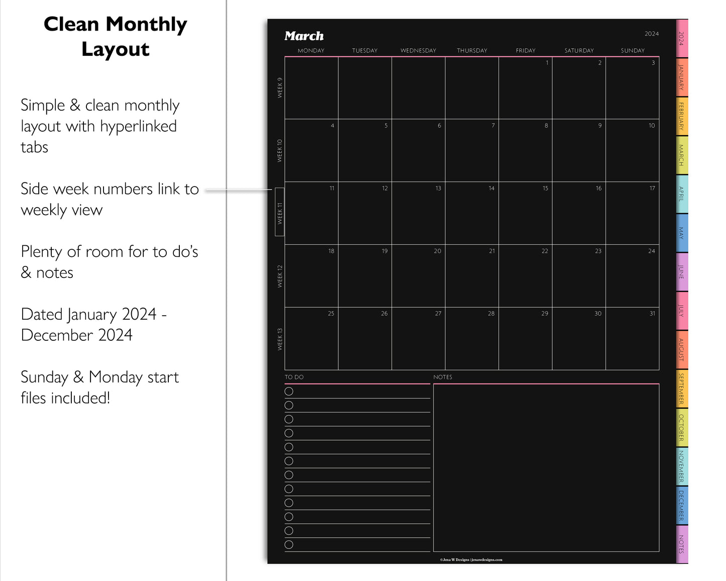 2024 Simple Weekly Digital Planner | Dark Mode Black Paper