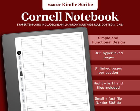 12 Section Cornell Notebook | for Kindle Scribe