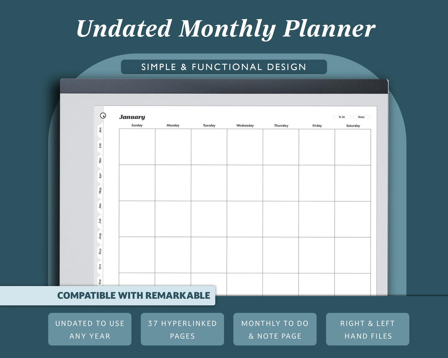 Undated Monthly Planner with To Do Lists | Landscape Planner for e-ink Devices