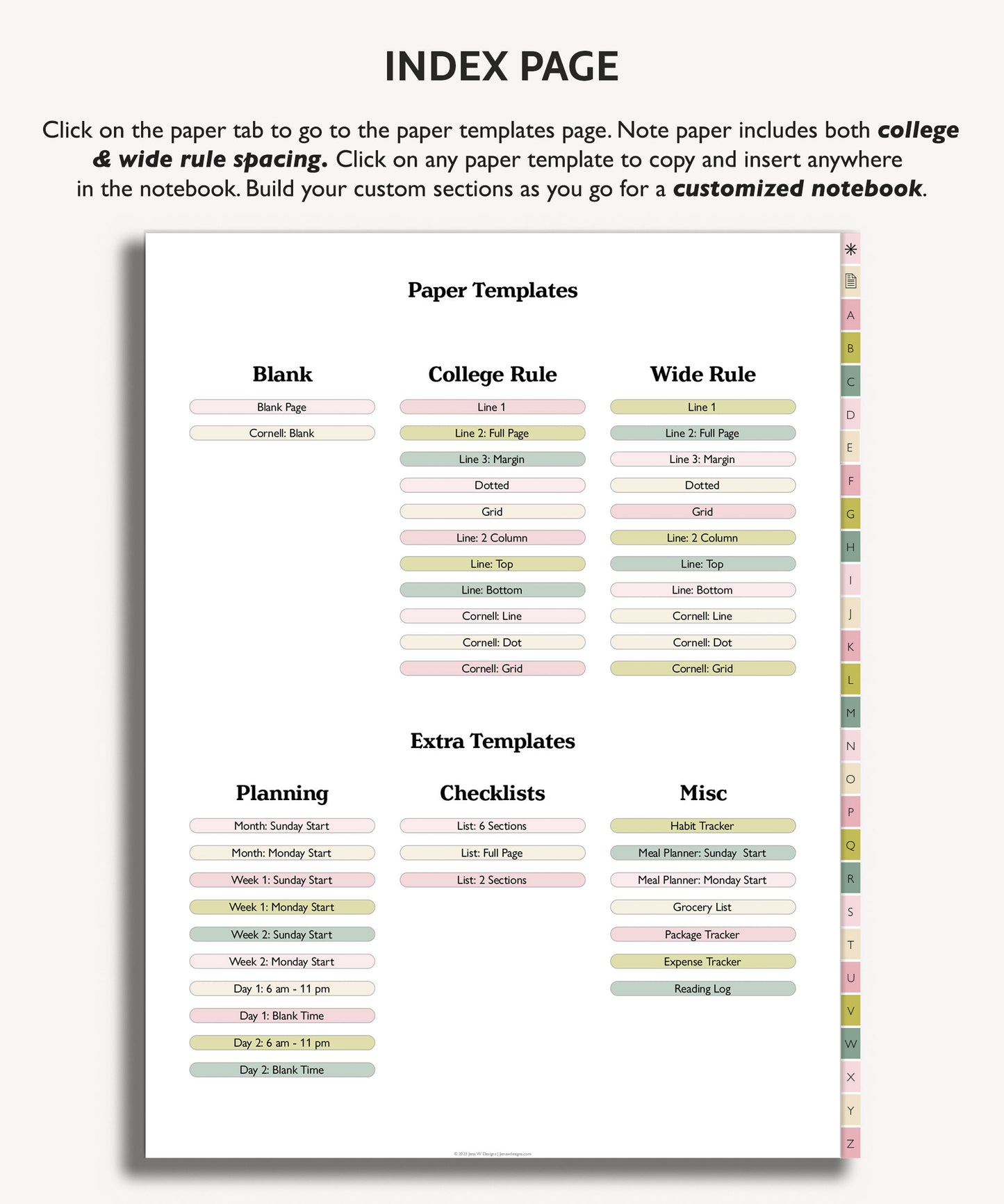 A to Z Tab Notebook | Multiple Paper & Planning Templates | Minimal Collection