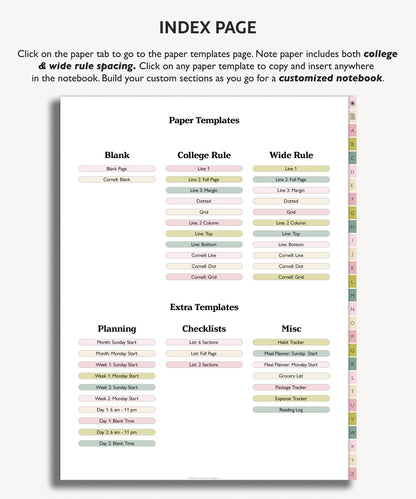 A to Z Tab Notebook | Multiple Paper & Planning Templates | Minimal Collection